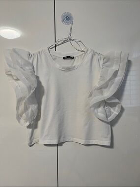 Zara NWOT White Short-Sleeve Cotton Top with Layered Ruffle Sleeves, Size M